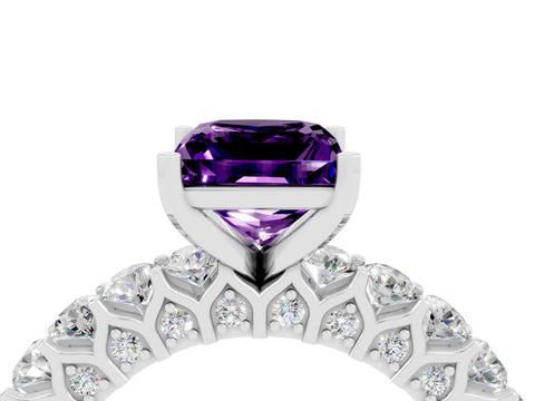 White gold Princess Cut Amethyst Solitaire Ring with Shared Prong Pavé Band and Four-Prong Setting_4