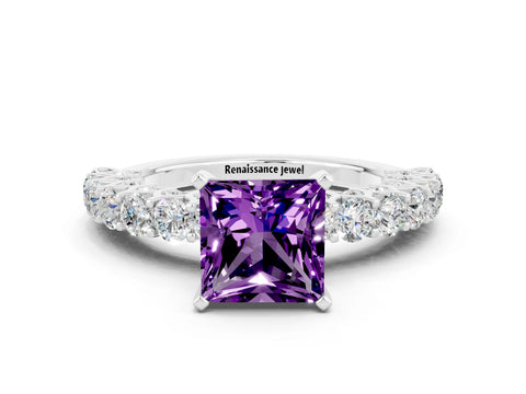 White gold Princess Cut Amethyst Solitaire Ring with Shared Prong Pavé Band and Four-Prong Setting