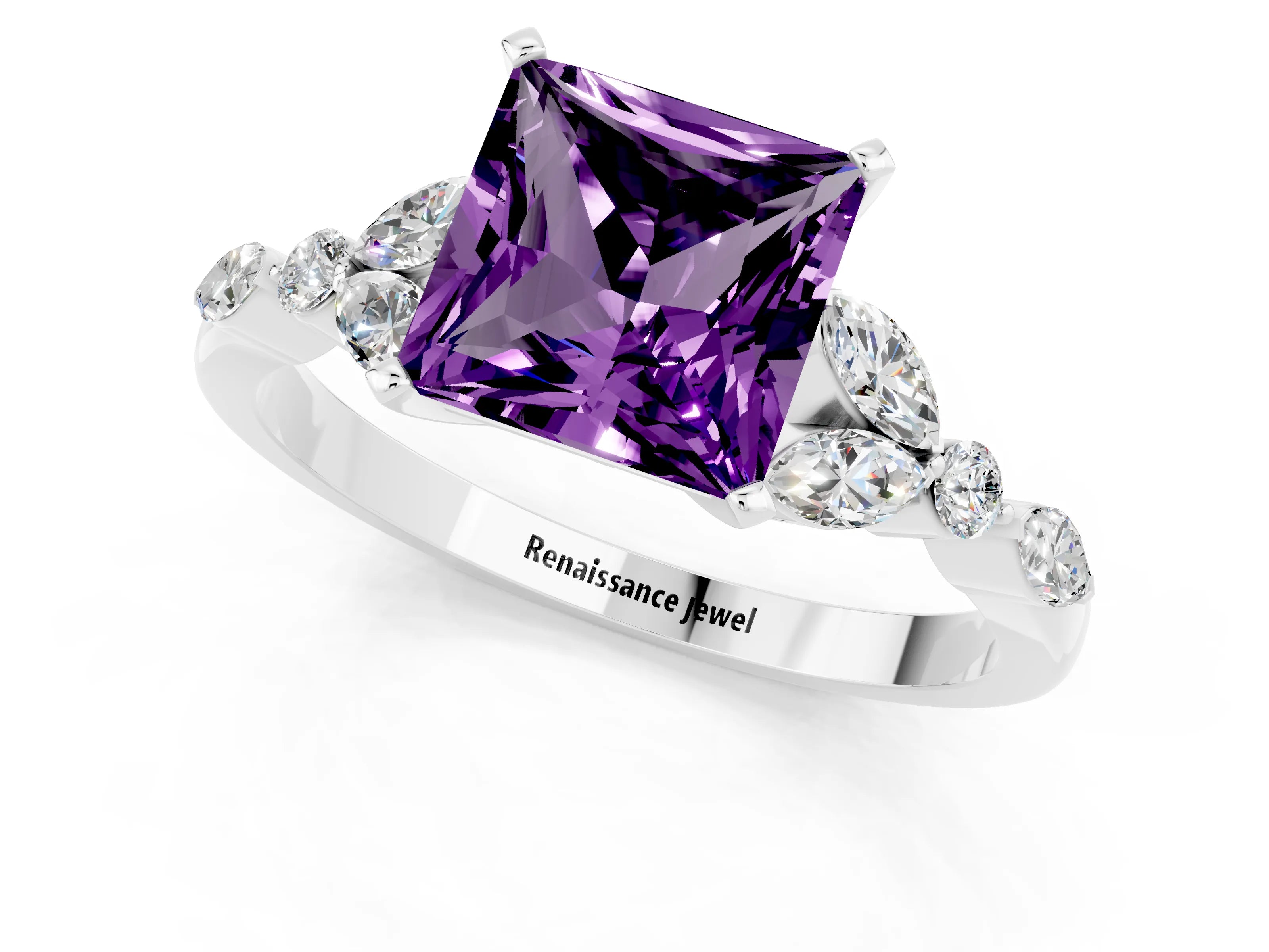 White gold Princess Cut Amethyst Solitaire Ring with Side Stones and Four-Prong Setting_13