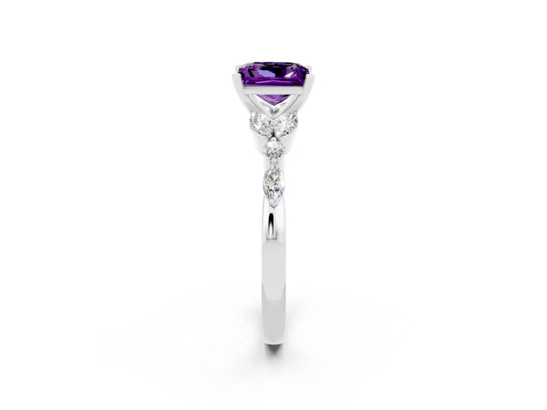 Platinum Princess Cut Amethyst Solitaire Ring with Side Stones and Four-Prong Setting