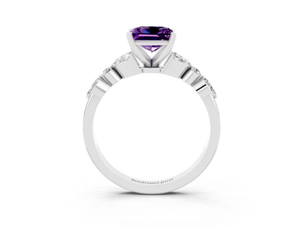 Platinum Princess Cut Amethyst Solitaire Ring with Side Stones and Four-Prong Setting