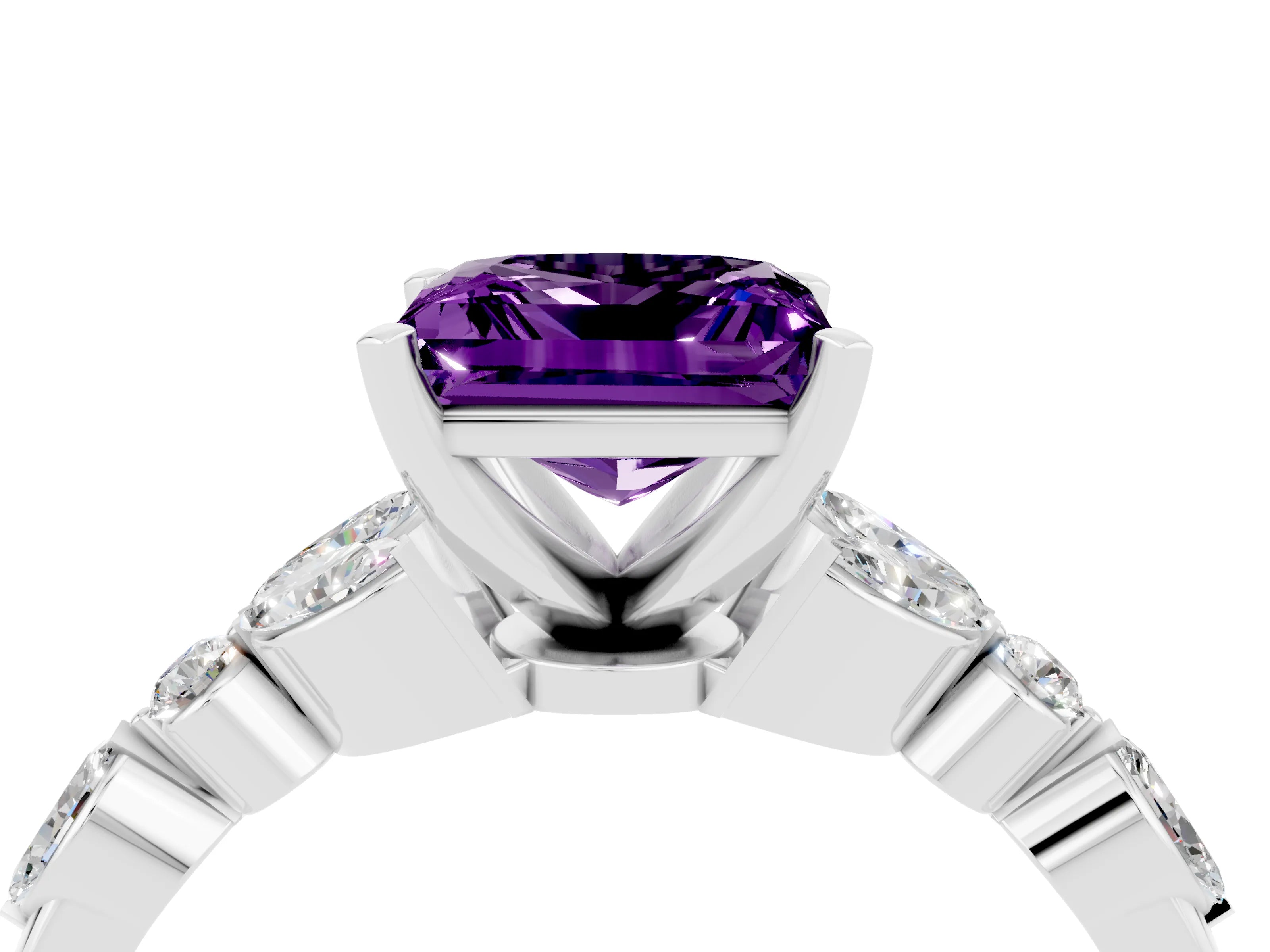 White gold Princess Cut Amethyst Solitaire Ring with Side Stones and Four-Prong Setting_16