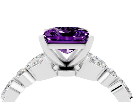 White gold Princess Cut Amethyst Solitaire Ring with Side Stones and Four-Prong Setting_16