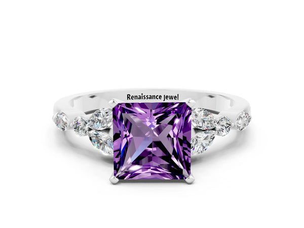 White gold Princess Cut Amethyst Solitaire Ring with Side Stones and Four-Prong Setting