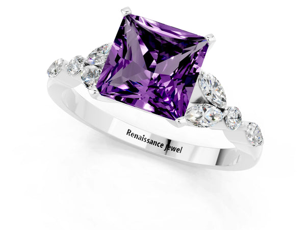 White gold Princess Cut Amethyst Solitaire Ring with Side Stones and Four-Prong Setting