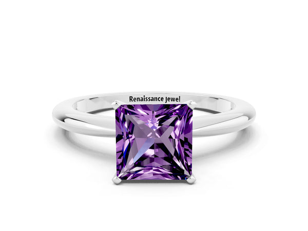 Platinum Princess Cut Amethyst Solitaire Ring with Six-Prong Setting and Classic Band