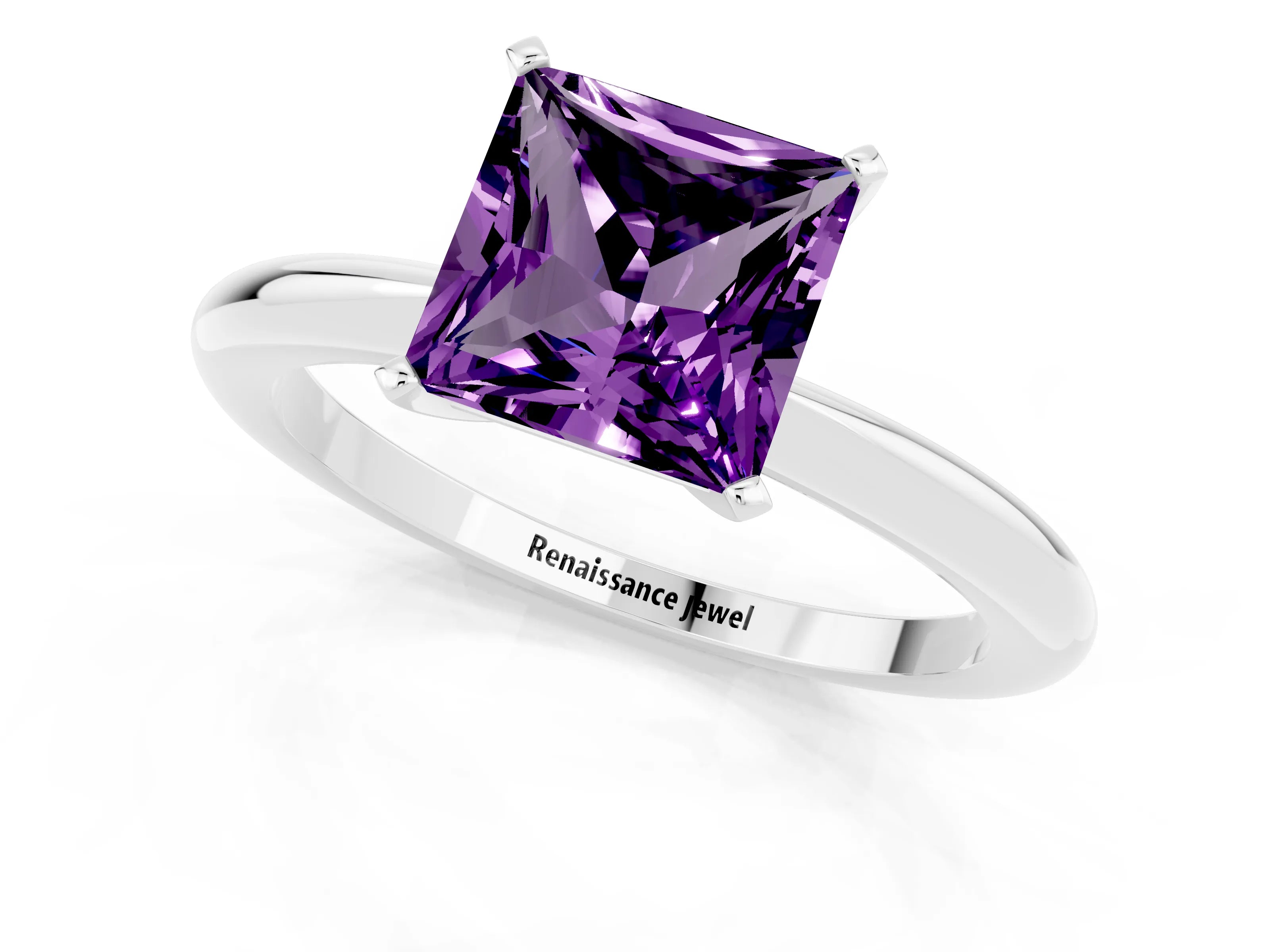 White gold Princess Cut Amethyst Solitaire Ring with Six-Prong Setting and Classic Band_25