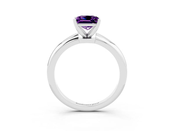Platinum Princess Cut Amethyst Solitaire Ring with Six-Prong Setting and Classic Band
