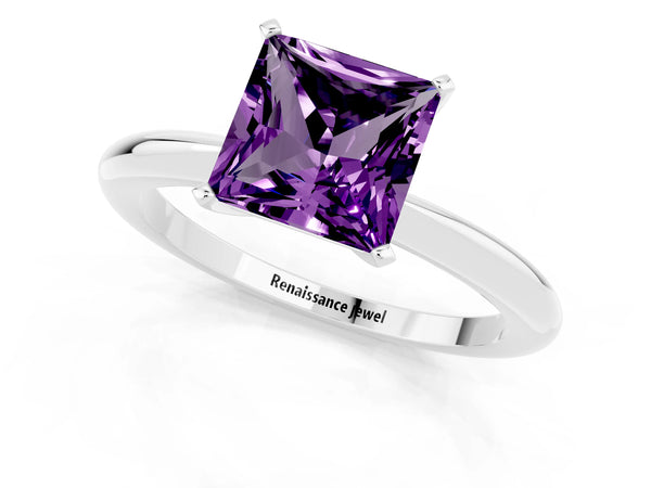 White gold Princess Cut Amethyst Solitaire Ring with Six-Prong Setting and Classic Band