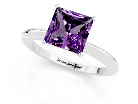 White gold Princess Cut Amethyst Solitaire Ring with Six-Prong Setting and Classic Band_37