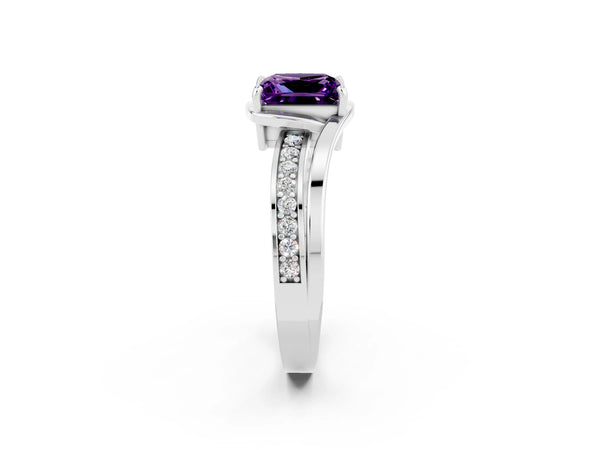 Platinum Princess Cut Amethyst Solitaire Ring with Split Shank and Prong Setting