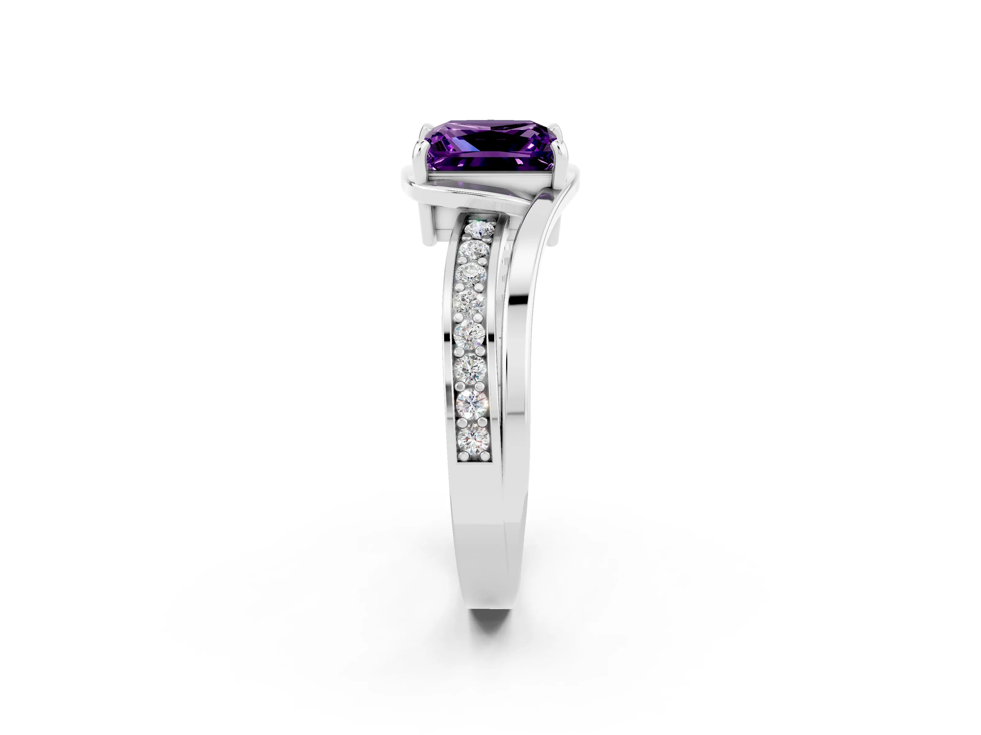 White gold Princess Cut Amethyst Solitaire Ring with Split Shank and Prong Setting_2