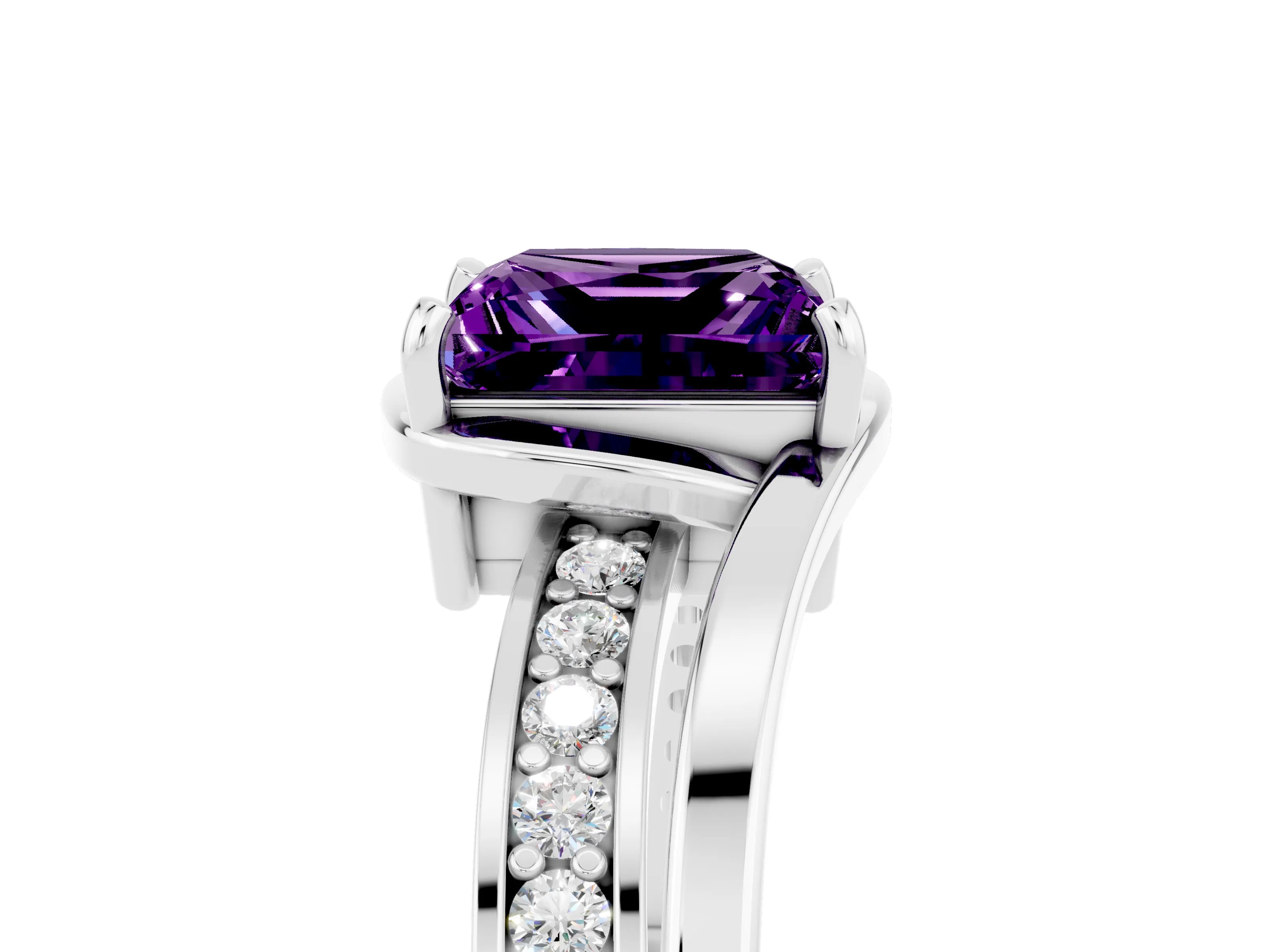 White gold Princess Cut Amethyst Solitaire Ring with Split Shank and Prong Setting_5