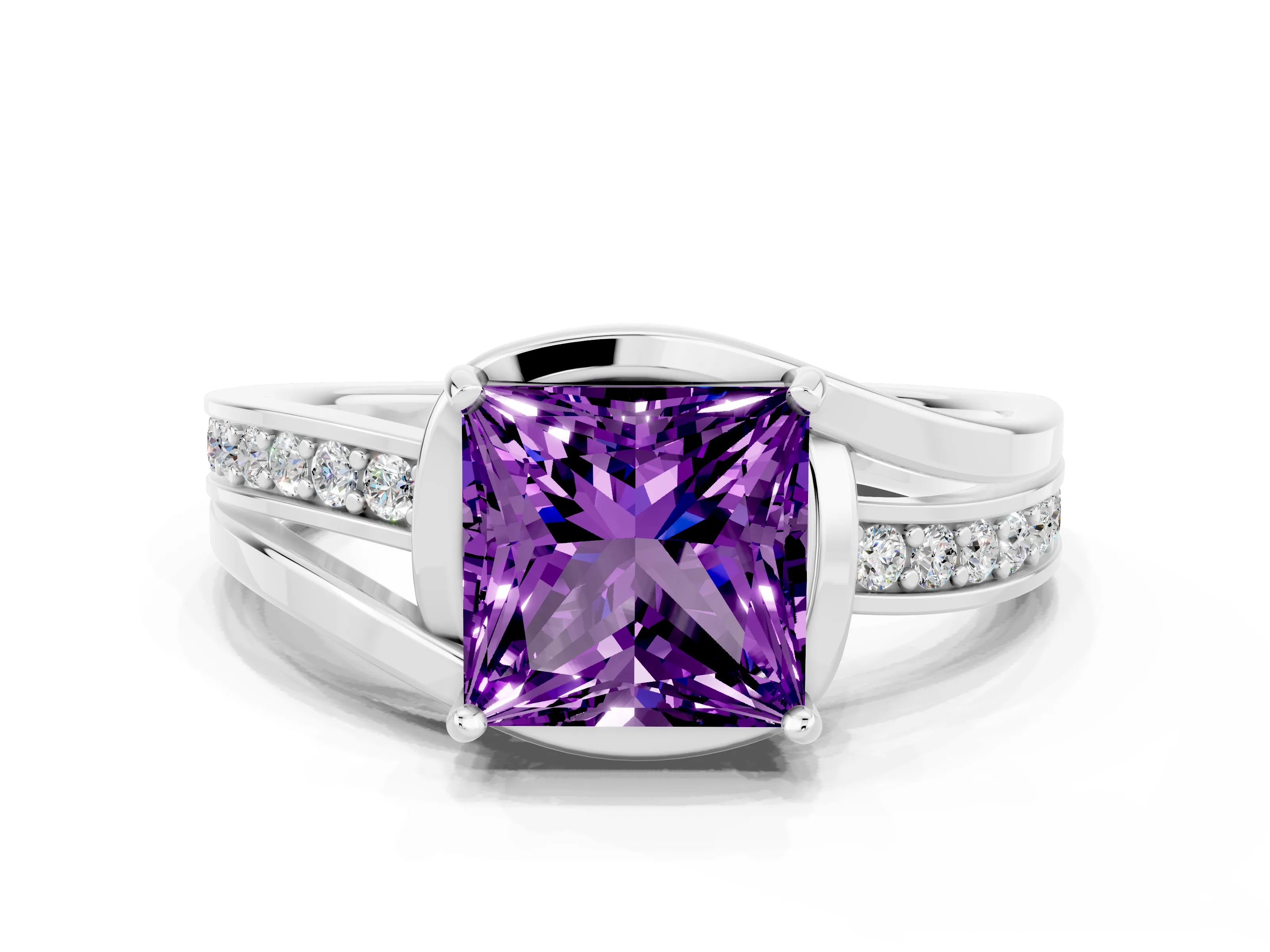 White gold Princess Cut Amethyst Solitaire Ring with Split Shank and Prong Setting