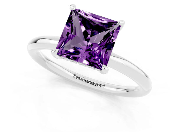 White gold Princess Cut Amethyst Solitaire Ring with Thin Band and Four-Prong Setting