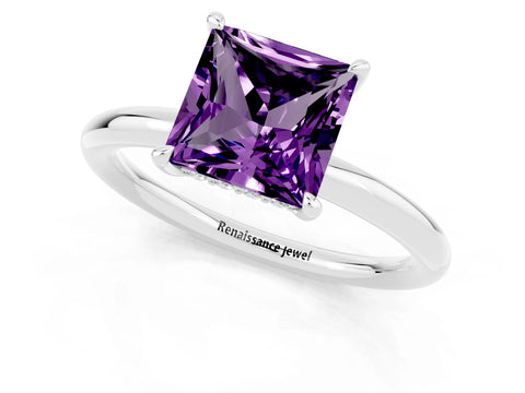 White gold Princess Cut Amethyst Solitaire Ring with Thin Band and Four-Prong Setting_1