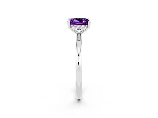 Platinum Princess Cut Amethyst Solitaire Ring with Thin Band and Four-Prong Setting