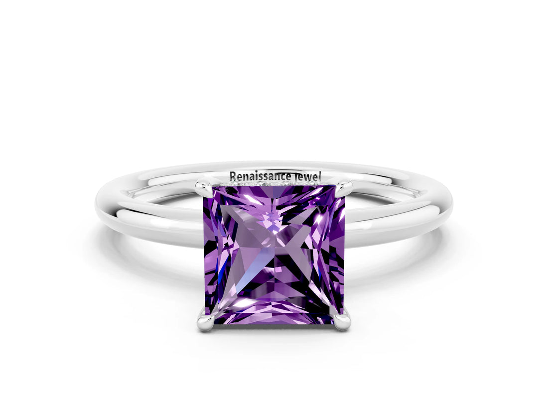 White gold Princess Cut Amethyst Solitaire Ring with Thin Band and Four-Prong Setting