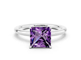 White gold Princess Cut Amethyst Solitaire Ring with Thin Band and Four-Prong Setting