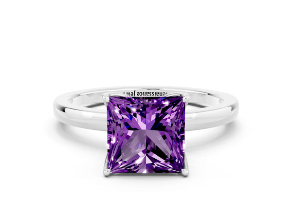 Platinum Princess Cut Amethyst Solitaire Ring with Thin Band and Prong Setting