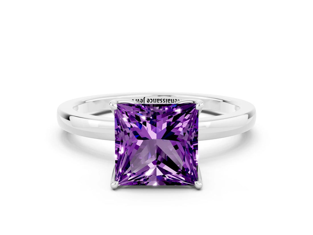White gold Princess Cut Amethyst Solitaire Ring with Thin Band and Prong Setting_12