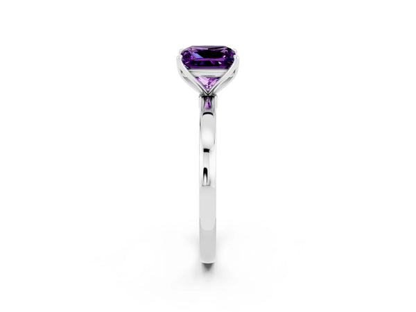 Silver Princess Cut Amethyst Solitaire Ring with Thin Band and Prong Setting