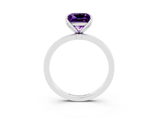 Platinum Princess Cut Amethyst Solitaire Ring with Thin Band and Prong Setting