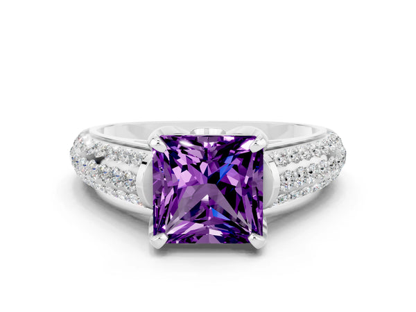 Platinum Princess Cut Amethyst Solitaire Ring with Three-Row Pavé Band and Four-Prong Setting