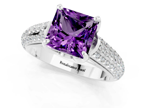 Platinum Princess Cut Amethyst Solitaire Ring with Three-Row Pavé Band and Four-Prong Setting