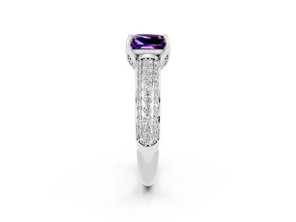 Platinum Princess Cut Amethyst Solitaire Ring with Three-Row Pavé Band and Four-Prong Setting