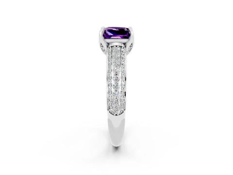 White gold Princess Cut Amethyst Solitaire Ring with Three-Row Pavé Band and Four-Prong Setting_14