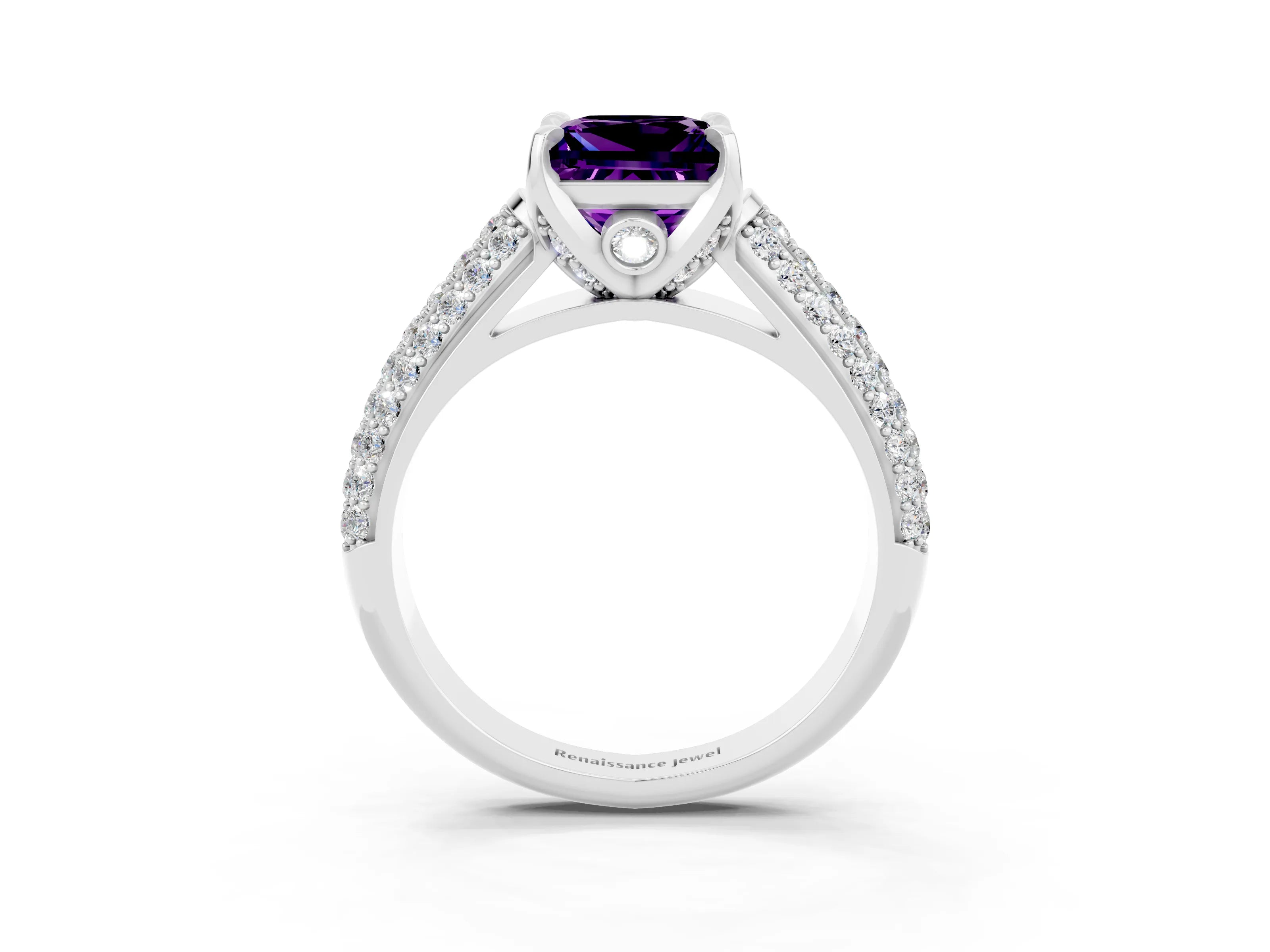 White gold Princess Cut Amethyst Solitaire Ring with Three-Row Pavé Band and Four-Prong Setting_15