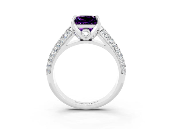 Platinum Princess Cut Amethyst Solitaire Ring with Three-Row Pavé Band and Four-Prong Setting