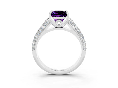 White gold Princess Cut Amethyst Solitaire Ring with Three-Row Pavé Band and Four-Prong Setting_15