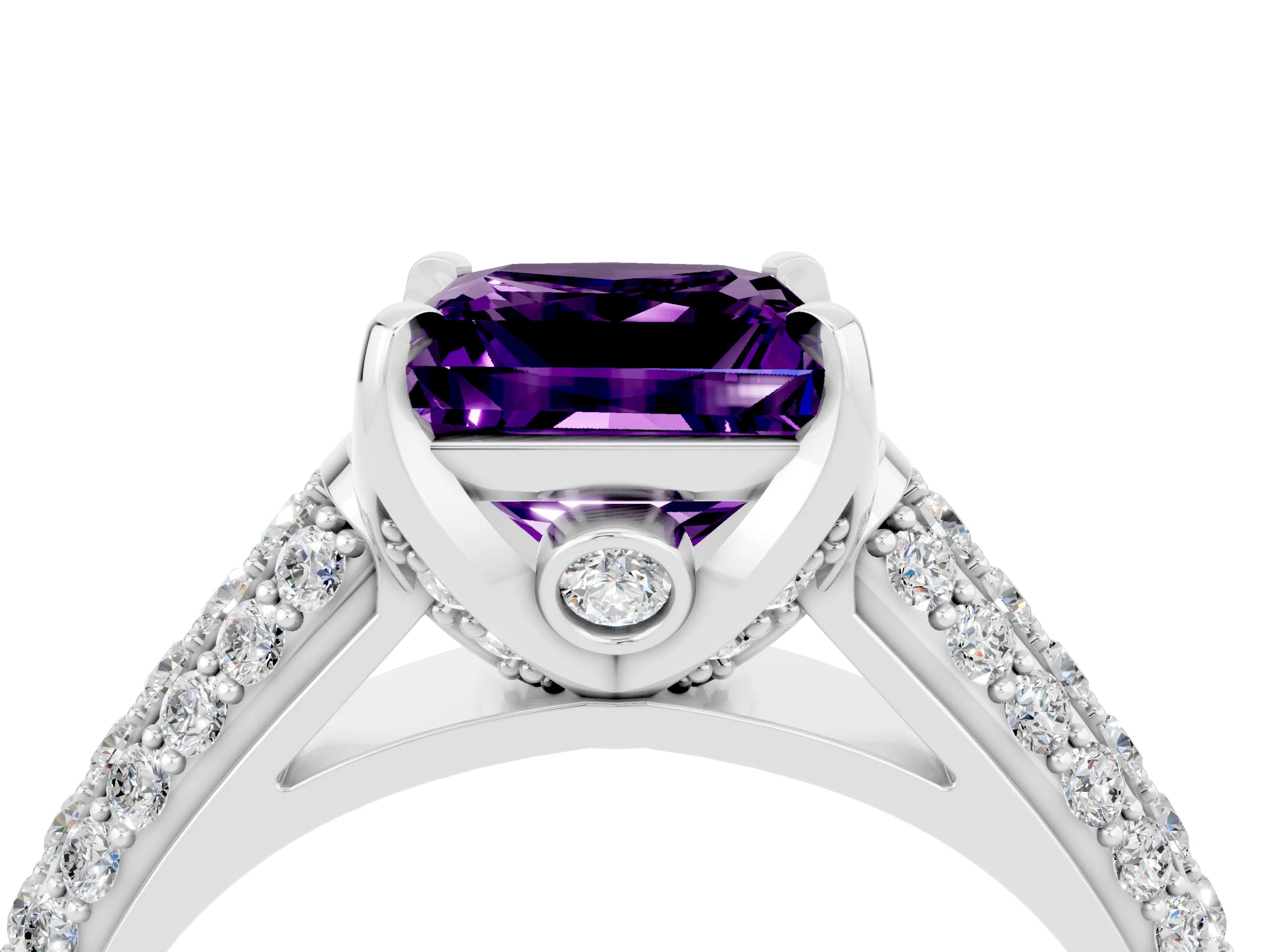 White gold Princess Cut Amethyst Solitaire Ring with Three-Row Pavé Band and Four-Prong Setting_16