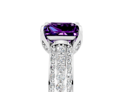 White gold Princess Cut Amethyst Solitaire Ring with Three-Row Pavé Band and Four-Prong Setting_17