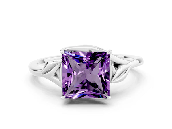Platinum Princess Cut Amethyst Solitaire Ring with Twist Band and Four-Prong Setting