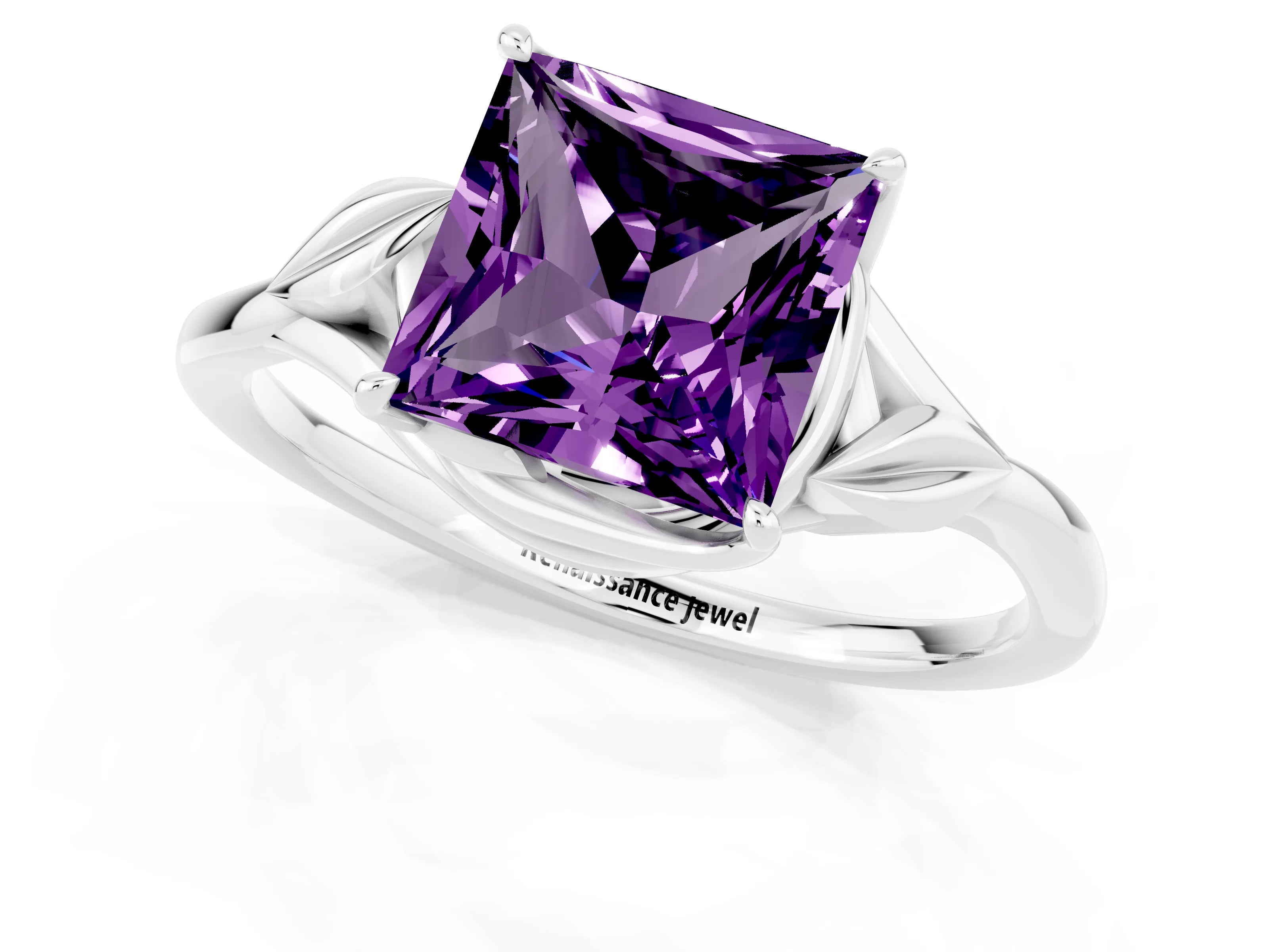 White gold Princess Cut Amethyst Solitaire Ring with Twist Band and Four-Prong Setting_13