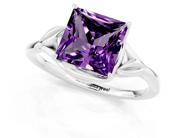 Platinum Princess Cut Amethyst Solitaire Ring with Twist Band and Four-Prong Setting