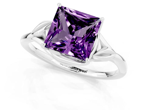 White gold Princess Cut Amethyst Solitaire Ring with Twist Band and Four-Prong Setting_13