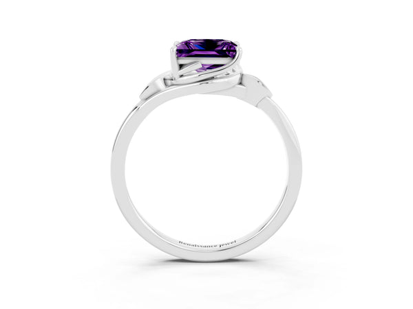 Platinum Princess Cut Amethyst Solitaire Ring with Twist Band and Four-Prong Setting