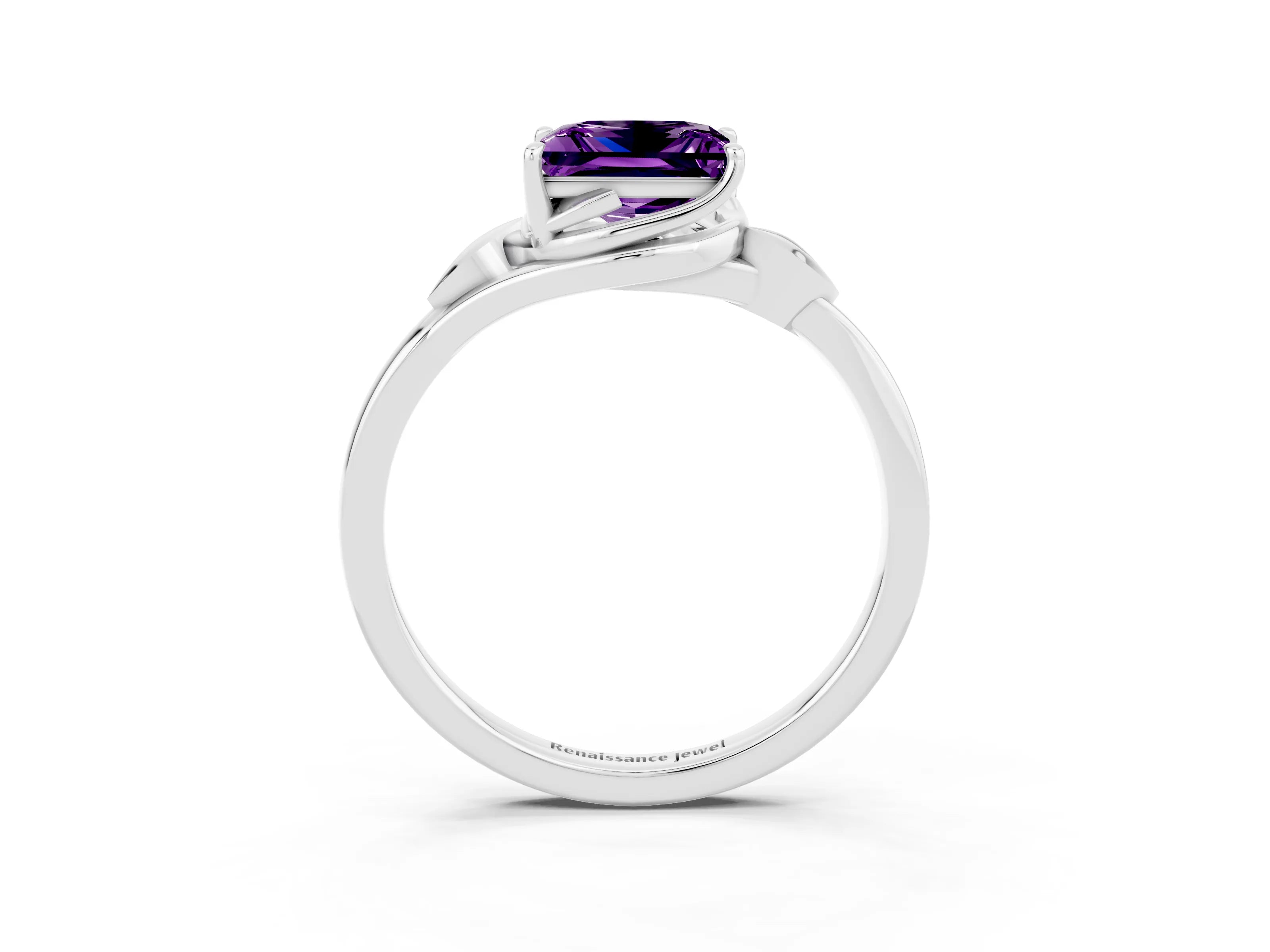 White gold Princess Cut Amethyst Solitaire Ring with Twist Band and Four-Prong Setting_15