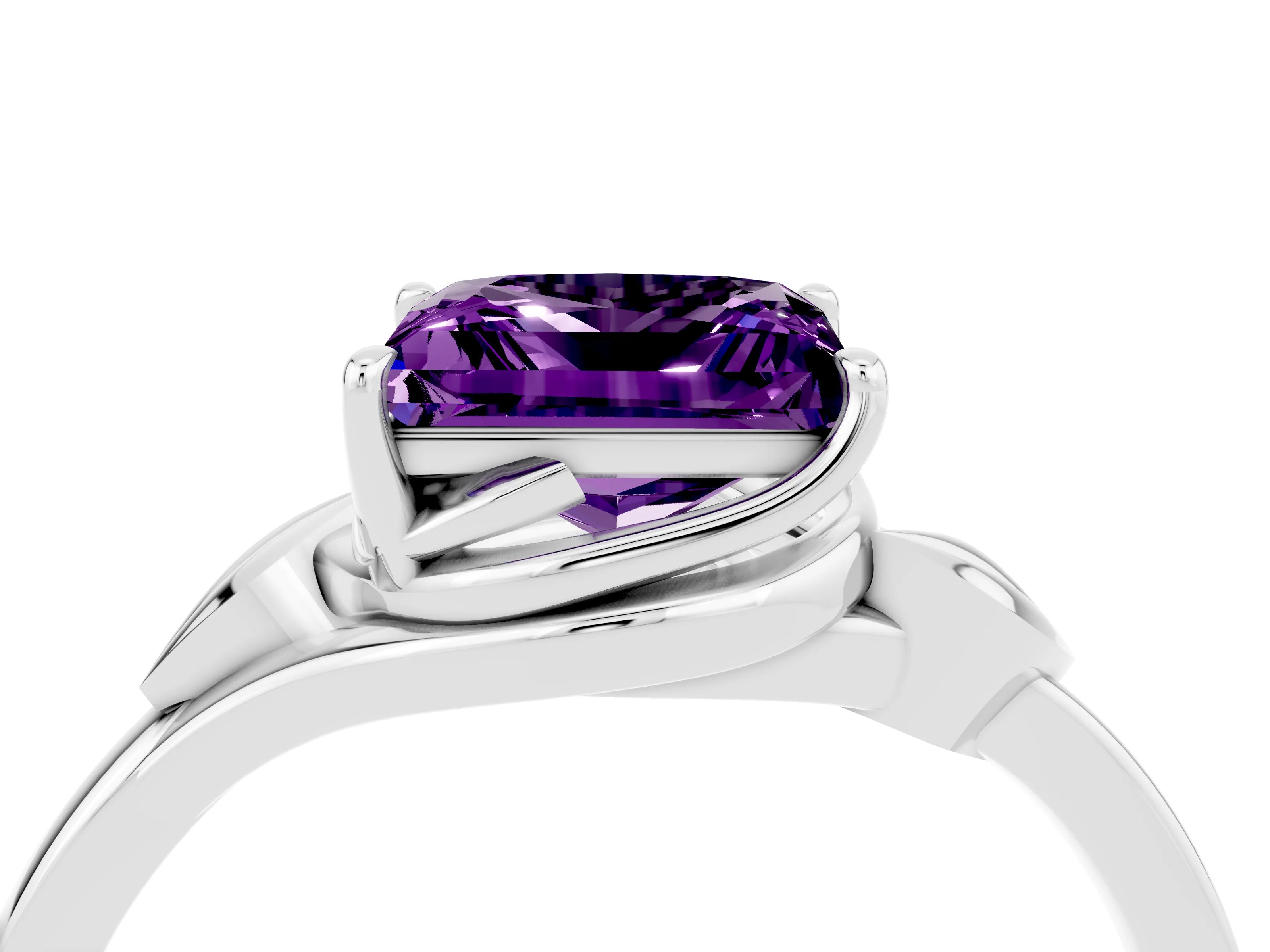 White gold Princess Cut Amethyst Solitaire Ring with Twist Band and Four-Prong Setting_40