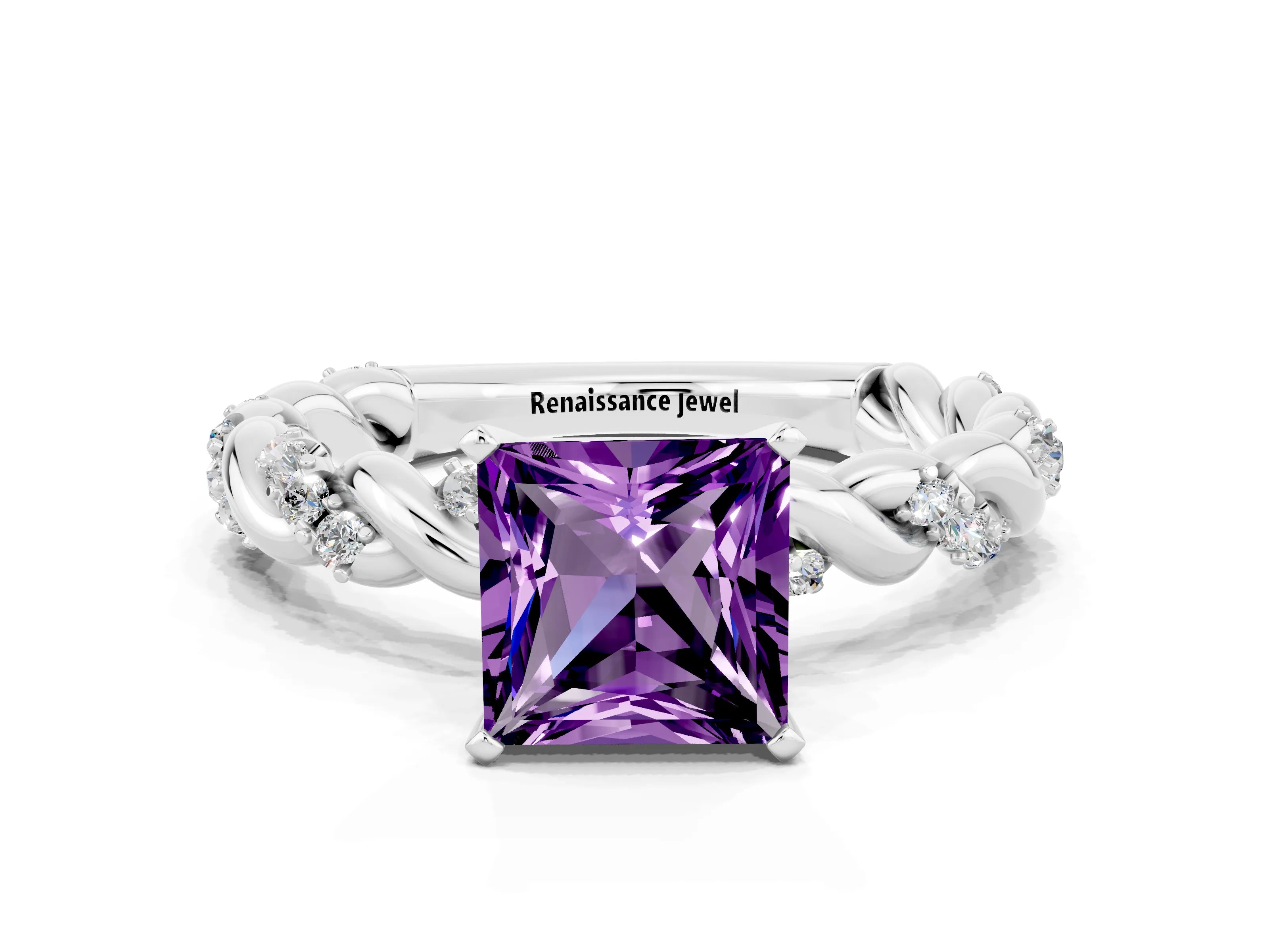 White gold Princess Cut Amethyst Solitaire Ring with Twisted Band and Pavé Accents