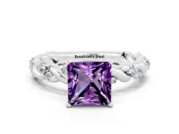 Platinum Princess Cut Amethyst Solitaire Ring with Twisted Band and Pavé Accents