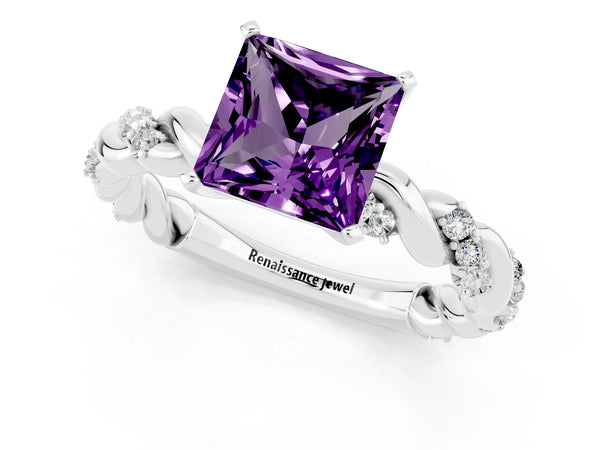 Silver Princess Cut Amethyst Solitaire Ring with Twisted Band and Pavé Accents
