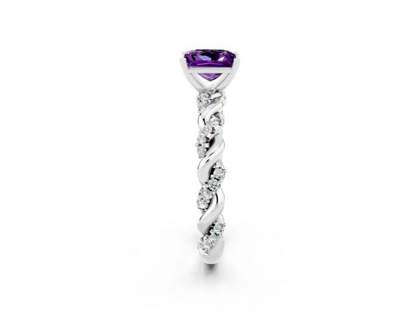 White gold Princess Cut Amethyst Solitaire Ring with Twisted Band and Pavé Accents