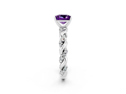 White gold Princess Cut Amethyst Solitaire Ring with Twisted Band and Pavé Accents_2