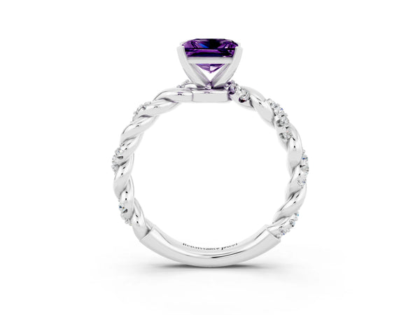 Silver Princess Cut Amethyst Solitaire Ring with Twisted Band and Pavé Accents