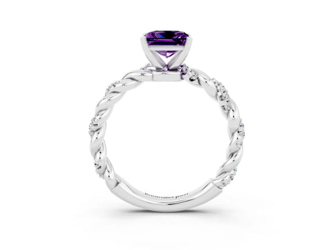 White gold Princess Cut Amethyst Solitaire Ring with Twisted Band and Pavé Accents_3